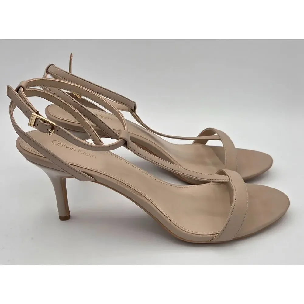 NEW IN BOX Calvin Klein Lola T-Strap Heels Nude Beige Strappy Sandal 9.5 NIB